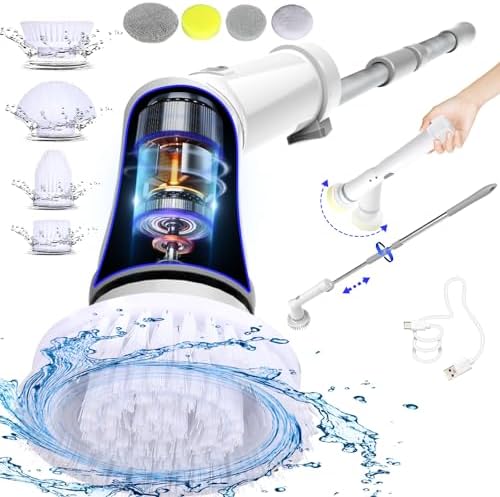 UBeesize Electric Spin Scrubber,Long Cordless Cleaning Brush,Rotatable Shower Scrubber with 8 Replaceable Heads,Adjustable Detachable Handle Bathroom Scrubber for Bathtub,Tile,Floor and Car Cleaning by UBeesize