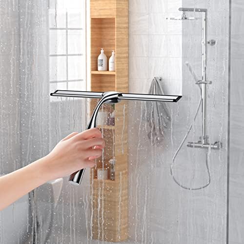 Stainless Steel Squeegee for Shower Glass Doors, 10-Inch All-Purpose Squeegee with Replacement Blade and Matching Hooks Holder, Silver - Image 6