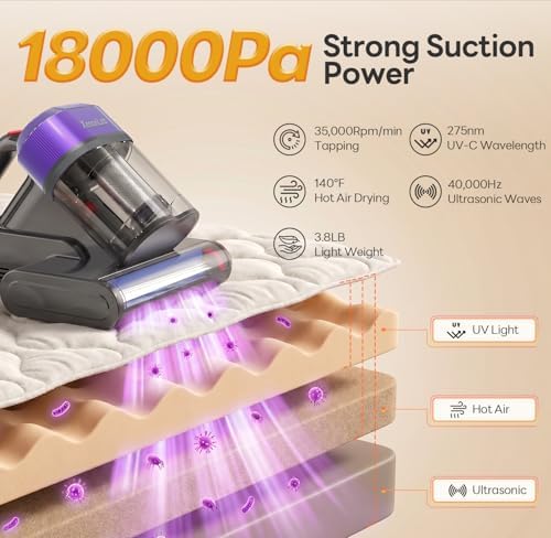 Mattress Vacuum Cleaner, 18000Pa Bed Vacuum Cleaner, 275nm UV-C Light & Ultrasonic 140°F Heat with High-Speed Deep Tapping, Versatile Handheld Vacuum for Bed, Sofa, Couch, Crib（Corded） - Image 2