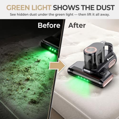 Amzany Cordless Mattress Vacuum Cleaner, 18Kpa Bed Vacuum with 253.7nm UV-C Light & Ultrasonic, 52800 BPM Tapping, 3-Stage HEPA, Green Light Dust Detection for Bed Sofa Couch Crib Pet Hair - Image 4
