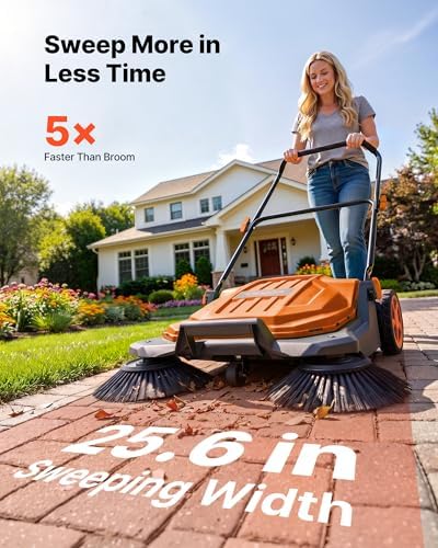 VEVOR Walk-Behind Hand Push Floor Sweeper, Manual Floor Sweeper Non-Electric with 25.6" Sweeping Width, 5 Gallons Waste Container & Adjustable Folding Handle for Yards Walkways Patios Garages - Orange - Image 2