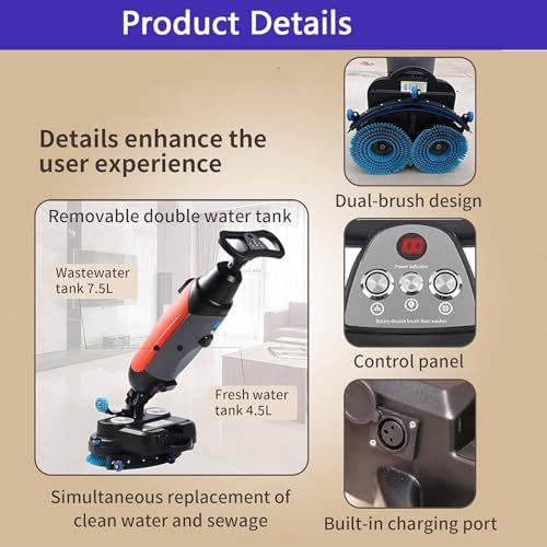 Floor Machine,Walk-Behind Commercial Floor Scrubber,Dual Brush Heads for Cleaning (43cm/16.9in Cleaning Width),Working Efficiency (12000ft²/h),for Restaurants/garages/Gyms Red - Image 4