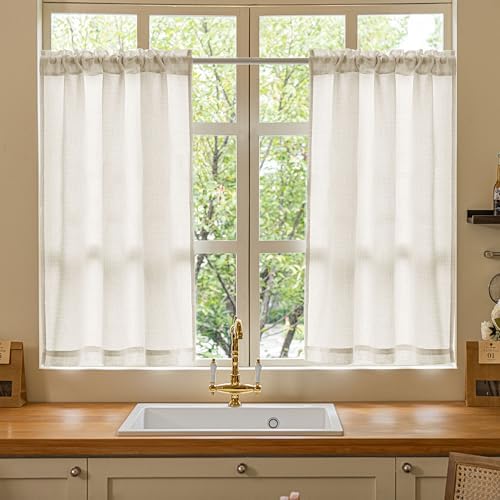 40 Inch Linen Farmhouse Kitchen Small Curtains 2 Panels Semi Sheer - Image 2