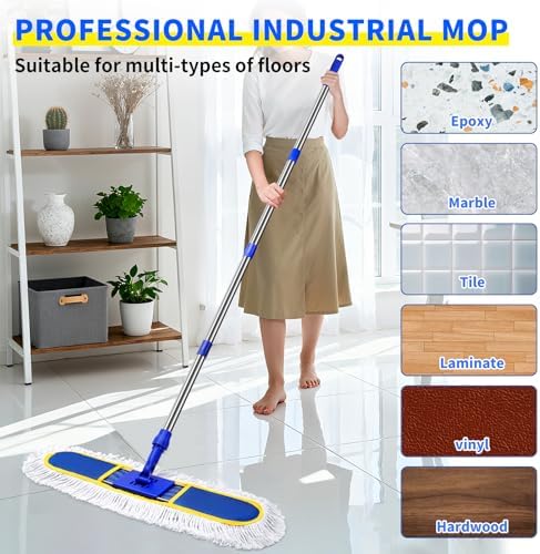 29.5" Commercial Dust Mop for Floor Cleaning,Heavy Duty Floor Duster with 2 Cotton Reusable Mop Pads,61” Long Handle Wet Dry Flat Mops for Hardwood Floors,Marble, Laminate,Tile,Concrete,Garage (Blue) - Image 3
