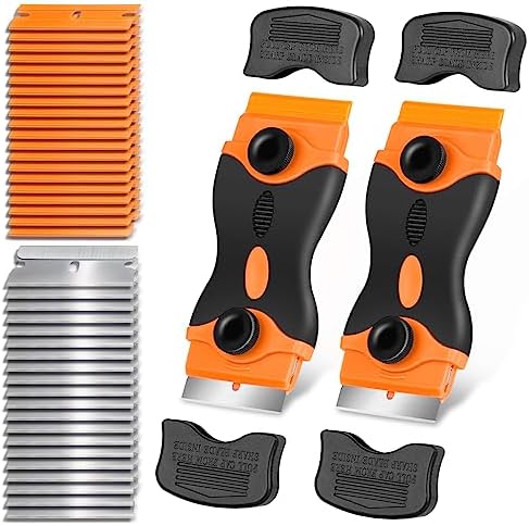 2 Pcs Orange Scraper Tool with 20 pcs Metal Blades & 20 pcs Plastic Blades and 10FT Double Sided Tape - Image 2