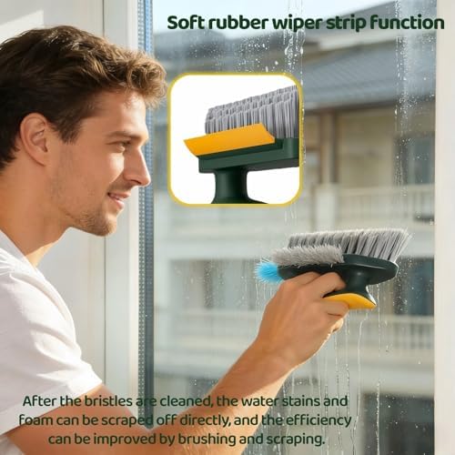 Multifunctional Tile Grout Cleaning Brush with V-Shaped Bristles, 180° Rotating Head, Rubber Wiper Strip, Green and Yellow - Image 6