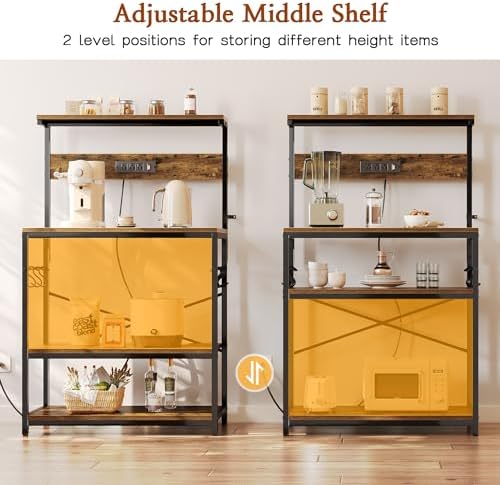 SUPERJARE Bakers Rack with Power Outlets, Microwave Stand, 31.5 X 16.5 Inch Larger Desktop, Kitchen Storage Rack with Adjustable Middle Shelf, 6 S-Shaped Hooks, Coffee Bar Stand, Rustic Brown - Image 5