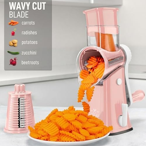 Rotary Cheese Grater Manual Hand Crank 5 Blade Shredder, Peach & White - Image 4