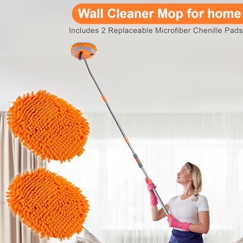 Wall Cleaner Mop with 68” Long Handle,15°Labor-Saving Elbow,Multi-Surface Duster for Painted Walls,Floor,Baseboard & Windows, Includes 2 Replaceable Microfiber Chenille Pads - Image 5