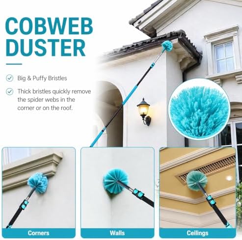 High Ceiling Duster Kit with 4-12FT Heavy Duty Extension Pole, Reaches Up to 20FT, Includes Microfiber Feather Duster, Cobweb and Ceiling Fan Duster, Window Squeegee Cleaner & Skylight Hook (12FT) - Image 5