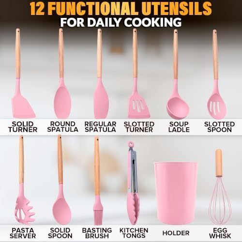 Kitchen Utensils Set with Holder for Nonstick Cookware - 12 Pcs Pink Silicone Cooking Utensils Set, Kitchen Tools for Daily Cooking - Wooden Handle Cooking Tools for Baking Serving and Mixing Tasks - Image 2