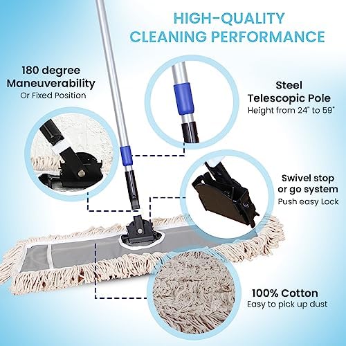 24" Industrial Cotton Floor Dust Mop with adjustable Steel Handle - Commercial Mops for Hardwood, Tiles, Laminate, Vinyl, Garage epoxy, Bamboo surface cleaning and Flooring Push Dust Broom - Image 5