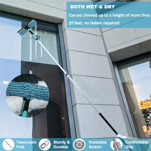 20 Ft+ Reach 2 In 1 Window Squeegee Duster with 5-to-12 Foot Extension Pole, Cleaner Tool with 3-Stage Telescoping Pole, Cleaning Kit with Rotatable Head - Chenille Cloth + Microfibre Cloths Head - Image 5