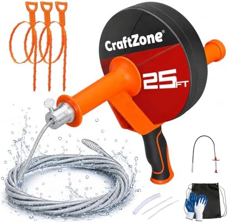 Drain Auger 25 Ft,Plumbing Snake With Drill Adapter,Pipe Clog Remover for Kitchen Bathroom Shower Sink Cleaning,Flexible Spring Steel by CraftZone