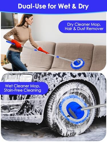 2 in 1 Lightweight Wall Cleaner Mop with Long Handle 75" 190cm Lint-Free Duster Cleaning Tool 2 Replacement Microfiber Chenille Pads for Kitchen Baseboard Ceiling Floor Window Door Scrubber Brush,Blue - Image 5