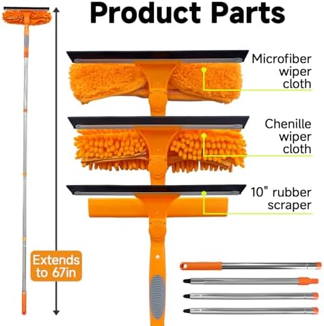 2 in 1 Window Squeegee Cleaner Kit Extension Pole, 67 in, Orange - Image 3