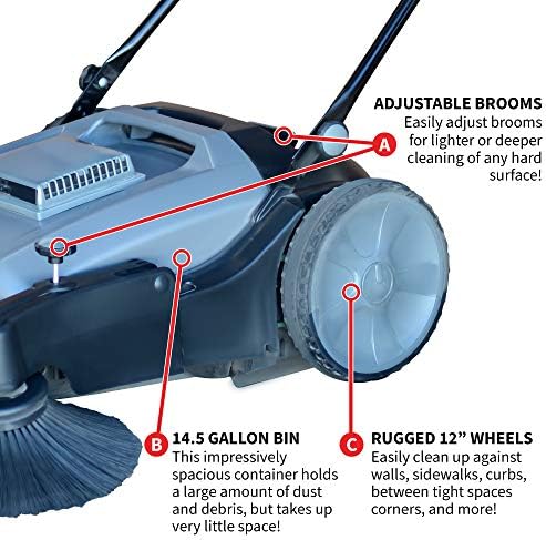 Tomahawk Industrial 38" Walk Behind Push Sweeper with Triple Power Side Brooms Floor Cleaning of Dust Litter Grass - Image 6