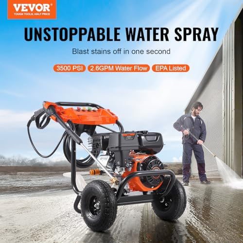 VEVOR Gas Pressure Washer, 3500 PSI 2.6 GPM, Gas Powered Pressure Washer with Aluminum Pump, Spray Gun and Extension Wand, 5 Nozzle Set, for Cars, Fences, Homes, Driveways, Patios Furniture Horizontal - Image 2