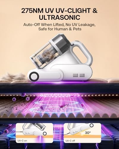 Trucozie Mattress Vacuum Cleaner with 275nm UV-C Light & 149℉ Heat, 16Kpa Powerful Suction Bed Vacuum for Pet Hair & Dander, Smart Dust Sensor, Anion & Aromatherapy, Corded for Bed, Sofa, Couch, White - Image 4