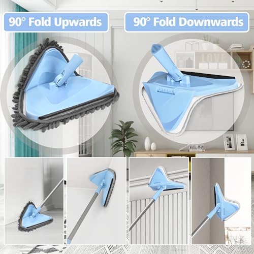 NEWE Wall Washer Mop with 80 Inch Long Handle, Wall and Ceiling Cleaner, 180° Folding Wall Scrubber with Long Handle, Triangle Baseboard Scrubber, 4 Chenille Duster & 2 Microfiber Pads - Image 4