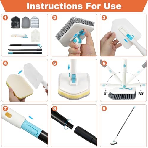 Long Handled Scrub Brush for Shower,3-in-1 Cleaning Brushes with 3 Different Function Cleaning Heads Brush for Shower Cleaning Bathroom Kitchen Walls Tub Tile (White) - Image 6