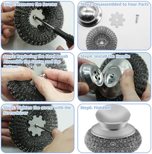 2Pcs Stainless Steel Wool Scrubber Sets, Dish Scrubber with Long Short Handle Stainless Steel Scrubber Cleaning Brush Metal Scrubber with Replacement, Steel Scrubber for Dishes Tableware Home Kitchen - Image 6