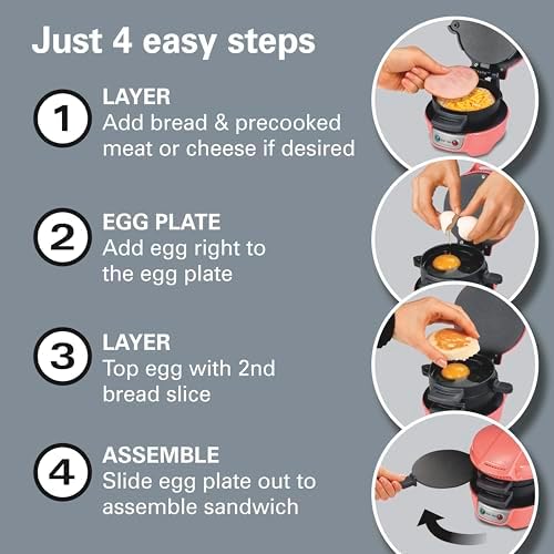 Hamilton Beach Breakfast Sandwich Maker with Egg Cooker Ring, Customize Ingredients, Perfect for English Muffins, Croissants, Mini Waffles, Perfect White Elephant Gifts, Coral (25483) - Image 4