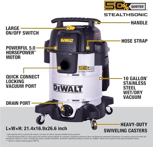 DEWALT 10 Gal Stealthsonic Shop Vacuum Wet and Dry, 5 Peak HP Heavy-Duty Stainless Steel Shop Vac, Ultra-Quiet with Complete Accessory Kit & 6 Dust Bags - Ideal for Job Sites, Workshops & Garages - Image 4