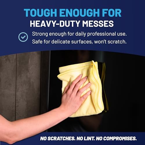 MW PRO Microfiber Cleaning Cloths Yellow (12 Pack, 12x12) - Commercial Janitorial Towels & Lint Free Rags - Heavy Duty for Auto Detailing, Glass Windows, Housekeeping & Screens - Washable 300+ Times - Image 6