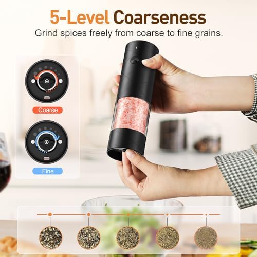 Rechargeable Electric Salt and Pepper Grinder Set, Automatic Salt and Pepper Shakers, Adjustable Coarseness Pepper Grinder with Led Kitchen and Home Appliances Gifts for Women(Blackblack) - Image 4