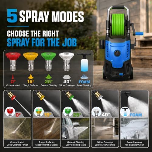 2026 New Electric Pressure Washer 4800 PSI 4.0GPM High Power Washer with 33ft Hose Reel,4 Nozzles and Foam Cannon for Cars/Home/Driveways/Patios/Fences, Blue - Image 5