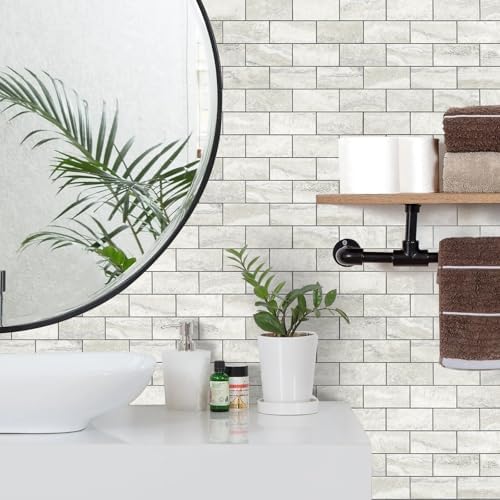 STICKGOO 20-Sheet Subway Tile Peel and Stick Backsplash - Beige Stone Texture With Grey Grout for Kitchen, Bathroom, RV, Fireplace - PVC Wall Tiles - Image 3