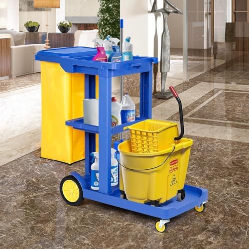tonchean Commercial Janitorial Cart, 3-Shelf Housekeeping Cart with 22 Gallon Vinyl Bag & Cover, Large Cleaning Cart with Wheels for Hotel, Store, School, Office - Image 2