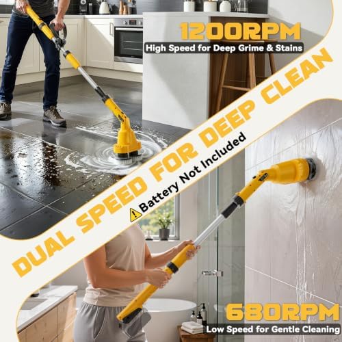 NATBEESY 2 in 1 Electric Spin Scrubber Compatible with DeWalt 20V Battery(Tool Only), Dual-Head Power Scrubber, 680/1200 RPM, 45° Adjustable Head, Extendable Handle for Tile, Tub, Floor & Bathroom - Image 4