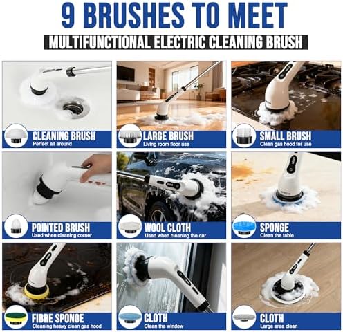 Electric Spin Scrubber Cordless Electric Cleaning Brush with LCD Power Display 9 Replaceable Heads Dual Speed IPX7 Waterproof Electric Scrubber for Cleaning Bathroom Tiles Floor Kitchen & Car - Image 6