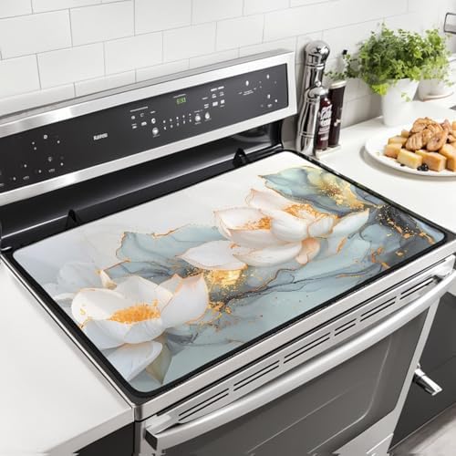 White Flower Golden Ribbon Stove Top Cover for Electric Stoves by Unknown