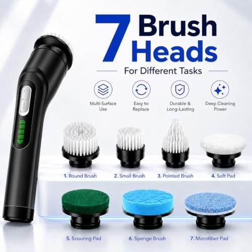 Highyes Electric Spin Scrubber for Bathroom, IPX7 Waterproof Shower Scrubber with Extendable Long Handle, Bathroom Cleaning Scrubber with 7 Reusable Brush Heads (Black) - Image 5