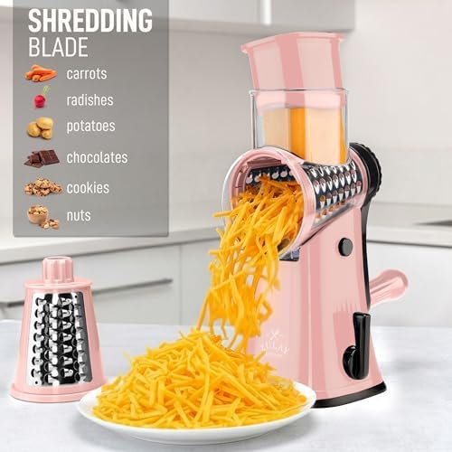 Rotary Cheese Grater Manual Hand Crank 5 Blade Shredder, Peach & Black - Image 3