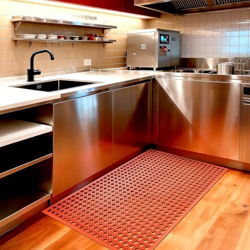 Outdoor Rubber Mat Kitchen Anti-Fatigue Entrance Floor Mats (24"x 36") Commercial Restaurant Bar Floor Mat New Outside Rubber Non Slip Drainage Mat Red - Image 3