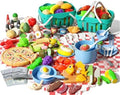 150Pcs Kitchen Playset, Toddlers Pretend Cooking Cookware Accessories, Food, Picnic Blanket, Fruits, Veges, 2Pack Shopping Storage Basket, Dessert and Prop Money, Gift for Kids (Blue) by JOKERKING