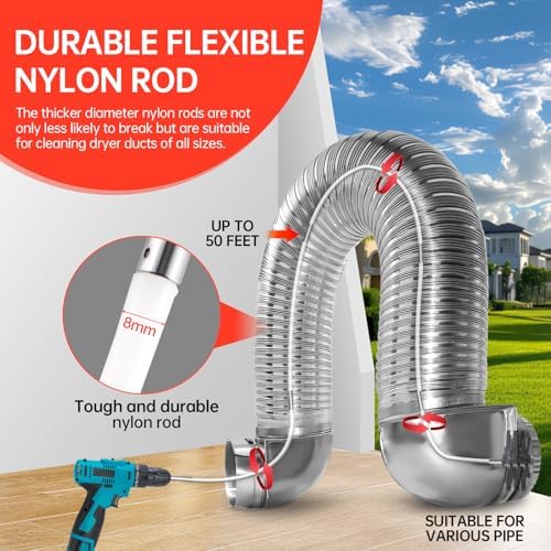 BLuesea Dryer Vent Cleaner Kit, 15-Piece Ultimate Dryer Cleaning Kit Include 50 Feet Dryer Vent Brush, Upgrade Noiseless Dryer Lint Vacuum Attachment, Lint Trap Brush, Vacuum & Dryer Adapters - Image 2
