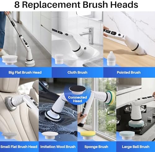 JOYMOOP Electric Spin Scrubber, Cordless Cleaning Brush 450 RPM with 100-Min Runtime, IPX7 Waterproof Power Scrubber with 8 Brush Heads, Adjustable Long Handle for Bathroom, Floor, Tile, Kitchen - Image 5