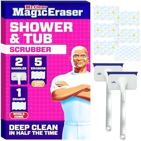 Mr. Clean Magic Eraser Shower & Tub Scrubber, Bathroom Cleaner, All in One Bathroom Cleaner, Lemon Starter Kit, 2 Scrubber, 5 Foaming Magic Erasers, 1 Whole Home Extra Durable Magic Eraser by MrClean