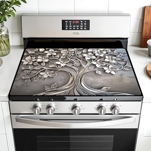 Multi-Design Stove Top Cover for Glass/Electric Stoves - 3-in-1 Heat-Resistant Protector Mat, Non-Slip Drying Rack 30"x21" (Silver-Tree) by AOHMPT