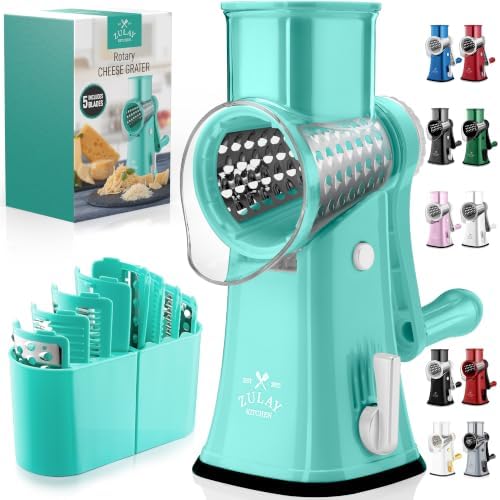Rotary Cheese Grater Manual Hand Crank 5 Blade Shredder, Teal by ZulayKitchen