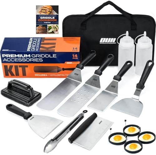 Flat Top Griddle Accessories Set for Blackstone and Camp Chef Griddle - 14 Pieces Set with Griddle Cleaning Kit & Carry Bag! Metal Spatula, Griddle Scraper, Egg Rings for Teppanyaki & Gas Grill by OUII