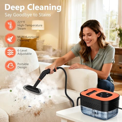 Steam Cleaner, Portable Steamer for Cleaning with 16pcs Accessories, 6-Level Adjustable, 15s Heat-Up, Handheld Steam Cleaner for Home for Tile, Grease, Dirt, Grout, Car Detailing, Orange - Image 2
