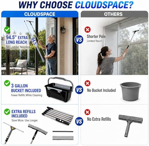 Window Washing Kit with Extension Pole(19–94.5"), Window Squeegee with Extension Pole, High Reach Window Cleaning Kit, 3 Gallon Bucket, Streak-Free Outdoor Window Cleaner, Extra Refills - Image 2