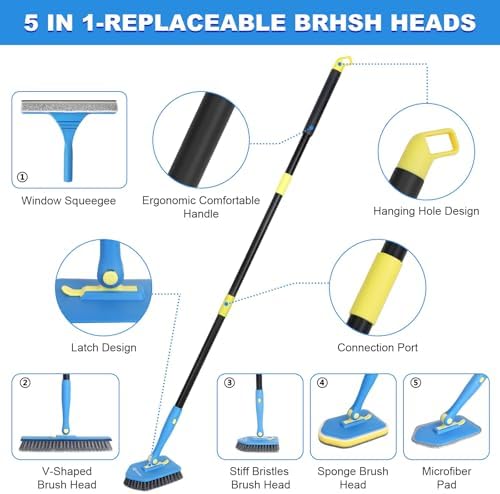 Tile Tub Scrubber Brush with 5 Different Function Cleaning Heads and 51" Extendable Long Handle Non Scratch Shower Scrubber for Cleaning Bathroom Kitchen Toilet Wall Bathtub - Image 6