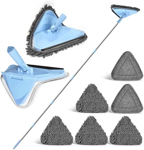 NEWE Wall Washer Mop with 80 Inch Long Handle, Wall and Ceiling Cleaner, 180° Folding Wall Scrubber with Long Handle, Triangle Baseboard Scrubber, 4 Chenille Duster & 2 Microfiber Pads by NEWE